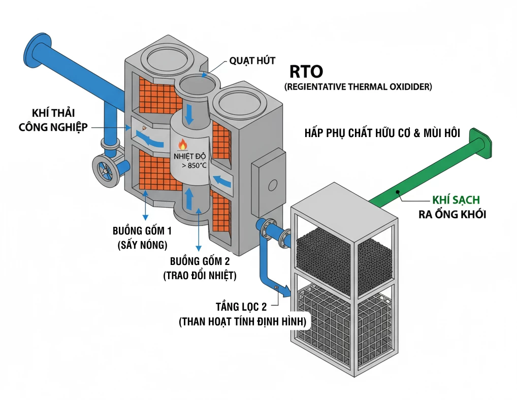 Mô hình hệ thống RTO + Hấp phụ than hoạt tính hai tầng