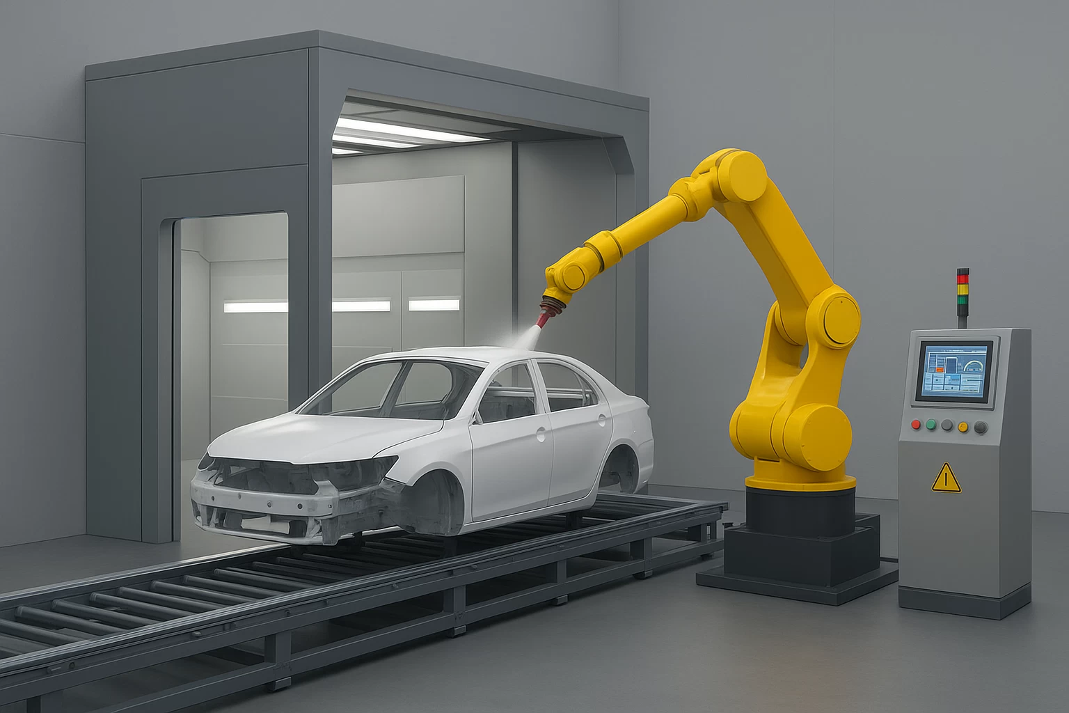 robot phun sơn tự động trong dây chuyền sơn công nghiệp