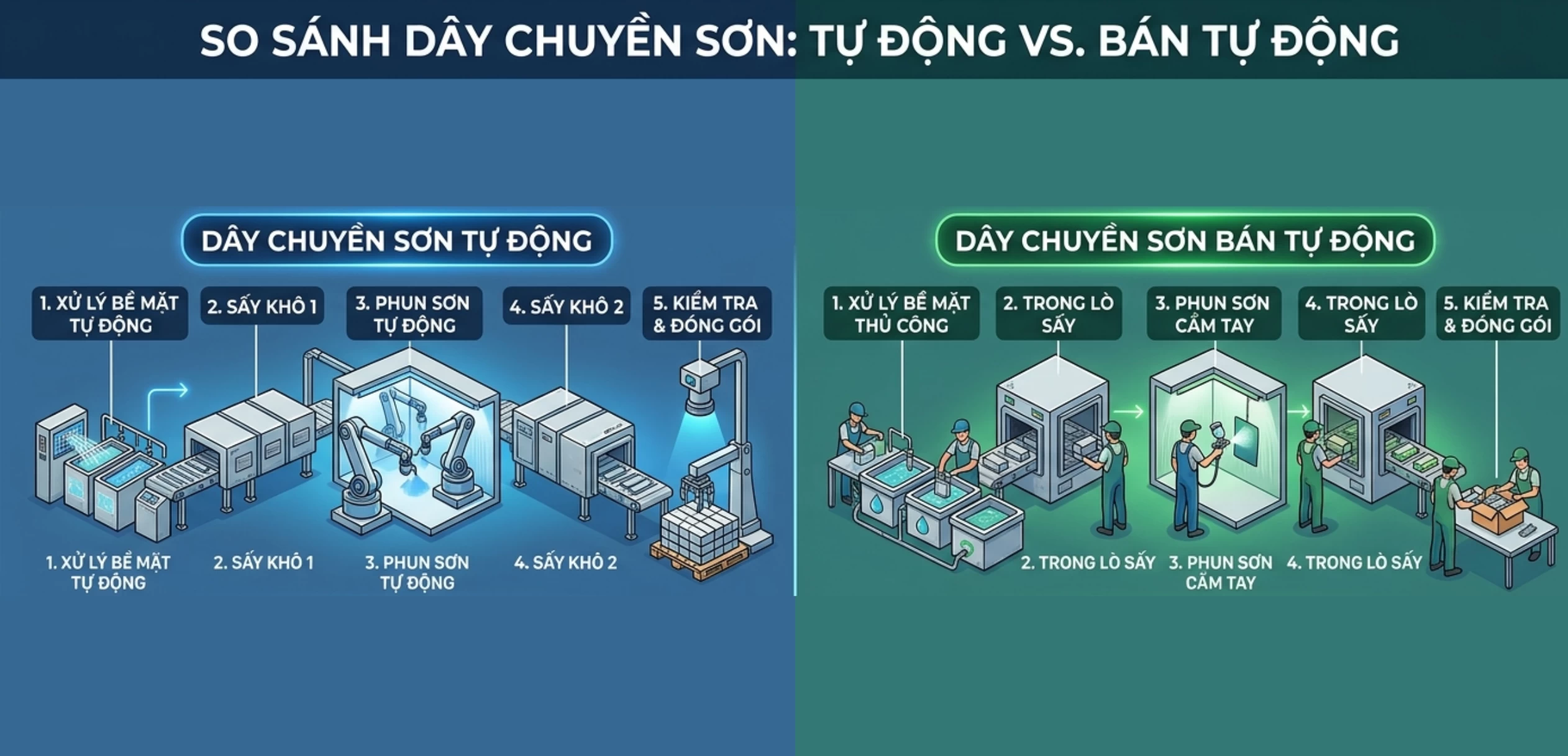 So sánh dây chuyền sơn tự động và bán tự động